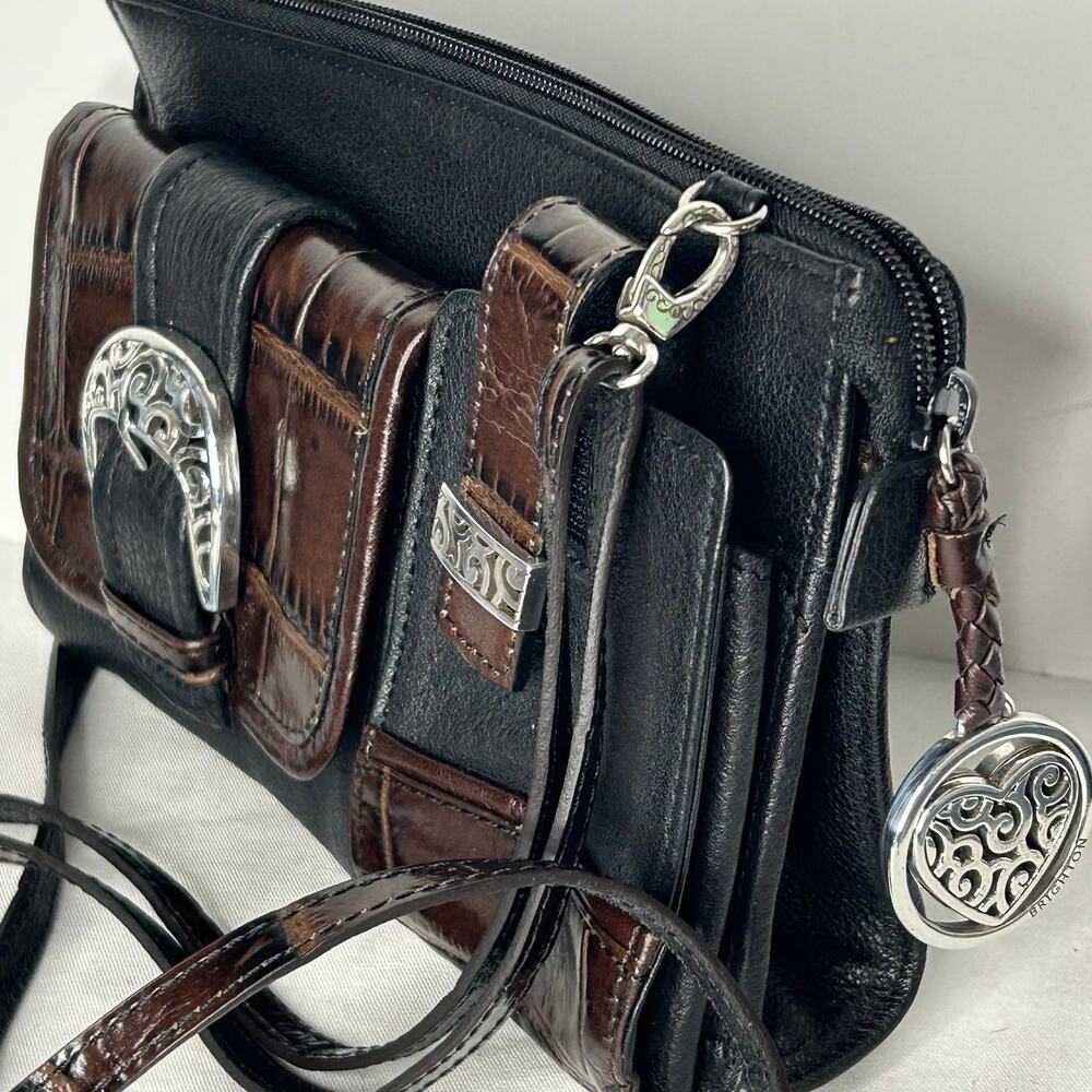 Brighton Black Brown Leather Crossbody Organizer Wallet Purse Croc Embossed - Picture 1 of 11